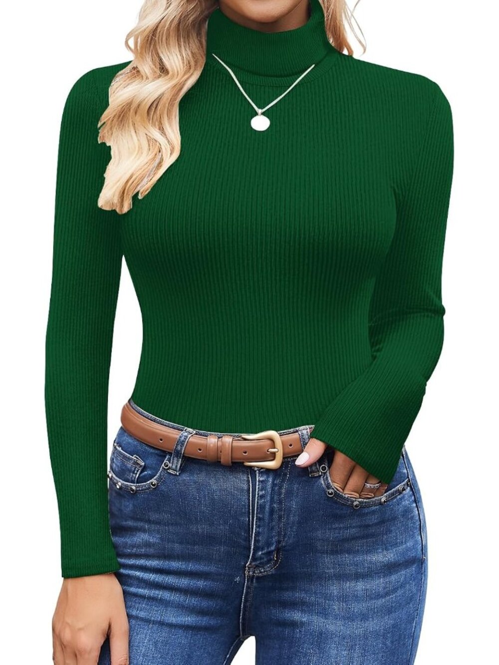 Women's Green Ribbed Knit Mock Turtleneck Long Sleeve Slim Fit Thermal Top